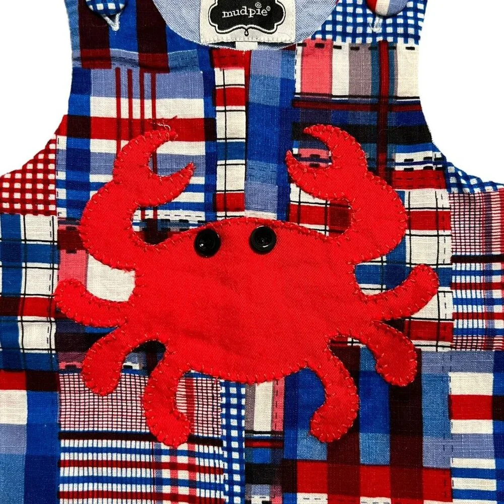 Mud Pie 0-6m Red White Blue Crab Appliqué Shortall Romper